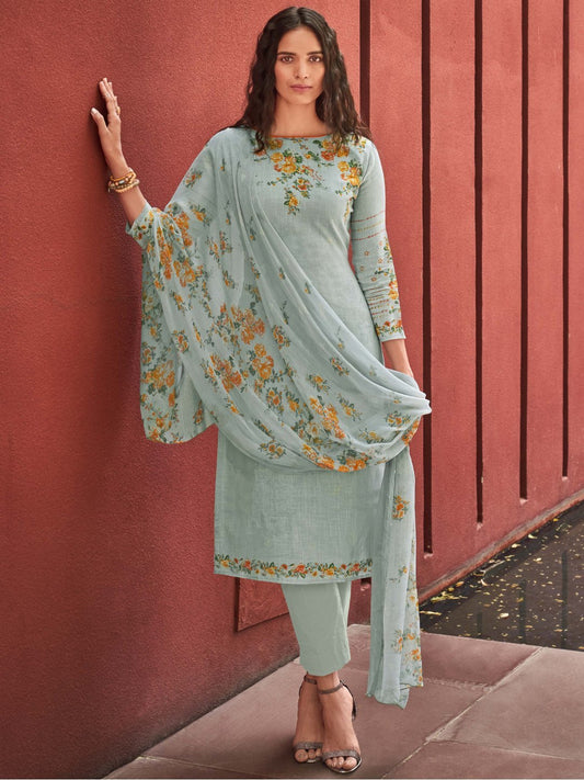 Cotton Linen Grey Printed Unstitched Suit Material