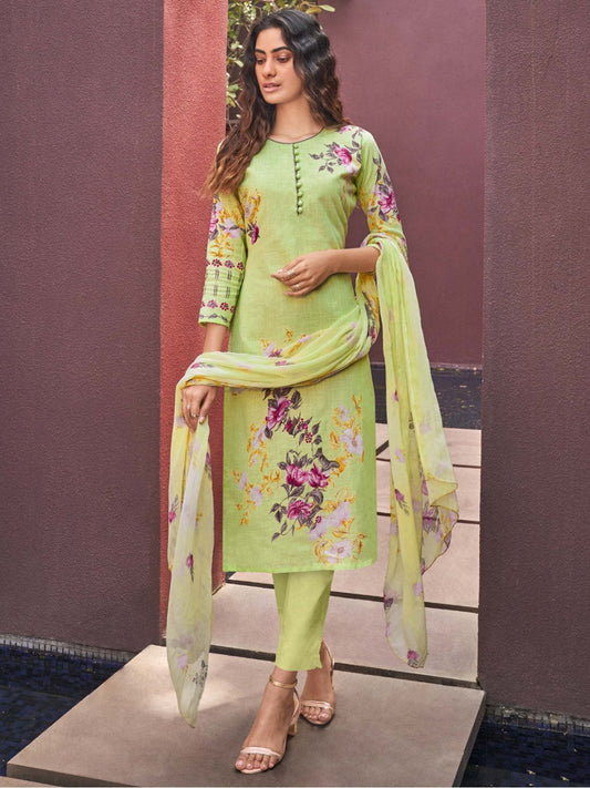 Cotton Linen Lime Printed Unstitched Suit Material