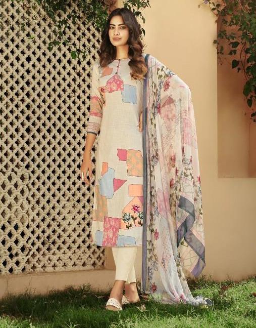 Cotton Linen Off-White Unstitched Suit With Chiffon Dupatta