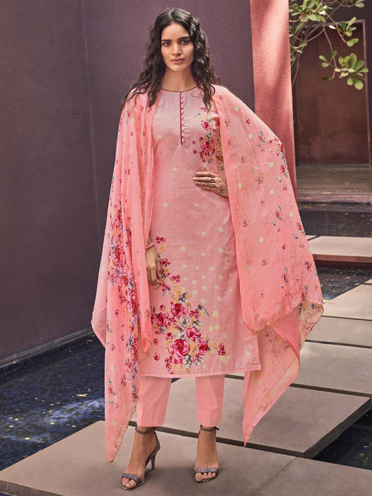Cotton Linen Pink Printed Unstitched Suit Material for Ladies