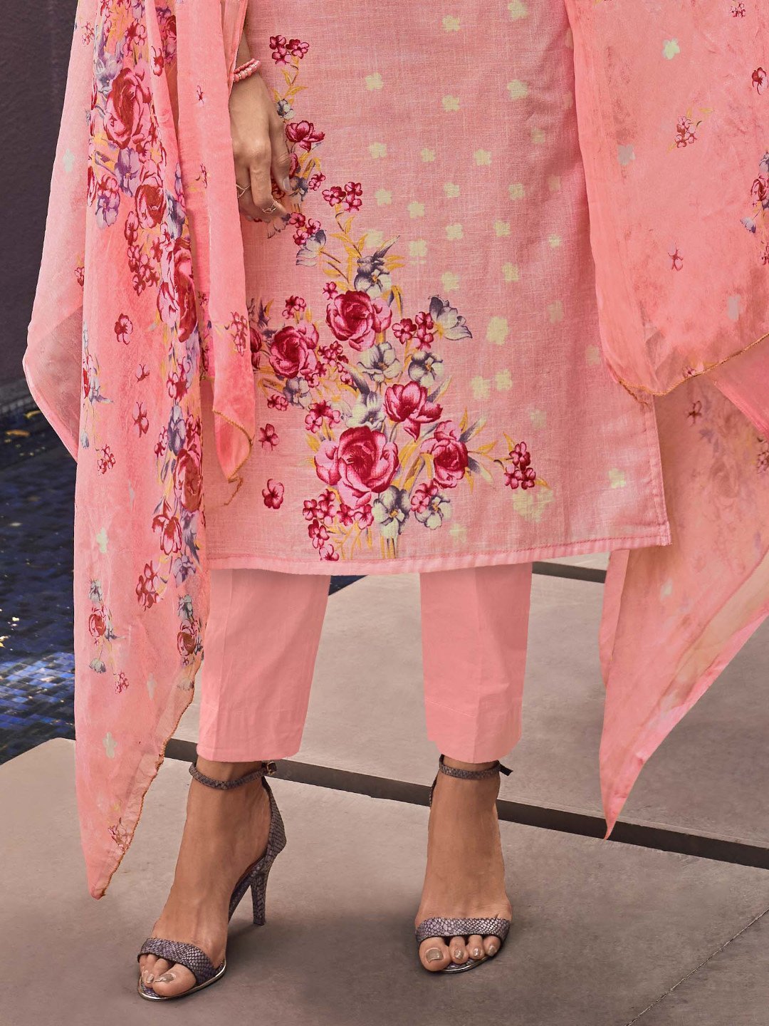 Cotton Linen Pink Printed Unstitched Suit Material for Ladies - Stilento