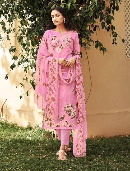Cotton Linen Pink Unstitched Suit With Chiffon Dupatta