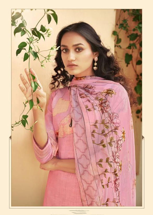 Cotton Linen Pink Unstitched Suit With Chiffon Dupatta