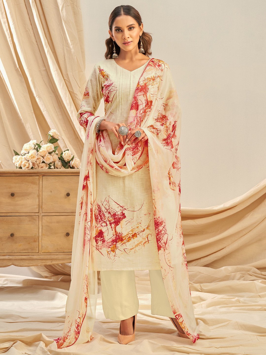Cotton Linen Printed Beige UnStitched Suit With Chiffon Dupatta - Stilento