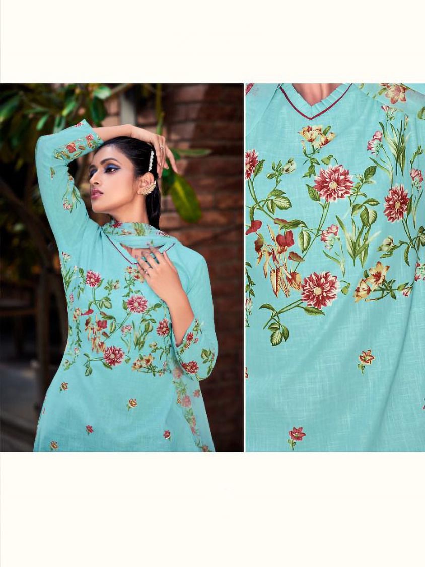 Cotton Linen Printed Dress Materials with Chiffon Dupatta - Stilento