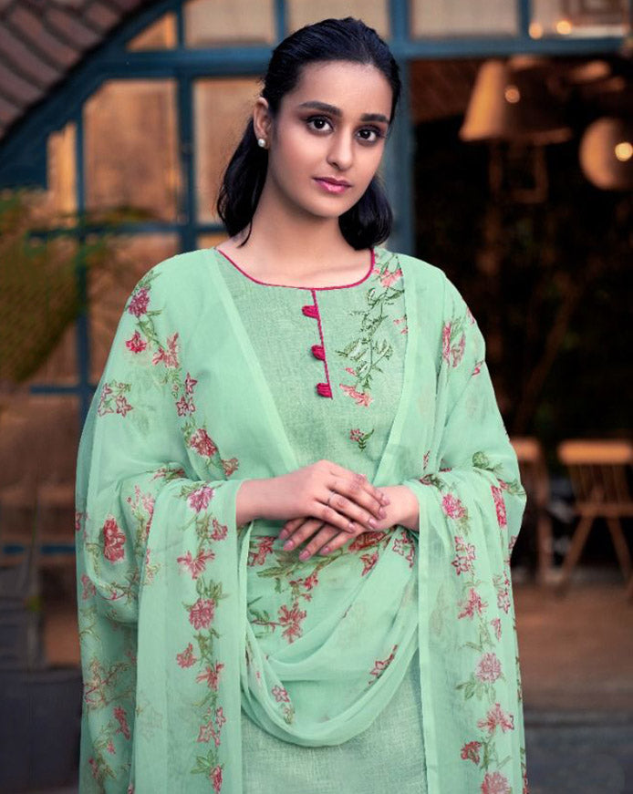 Cotton Linen Printed Green Dress Materials with Chiffon Dupatta - Stilento