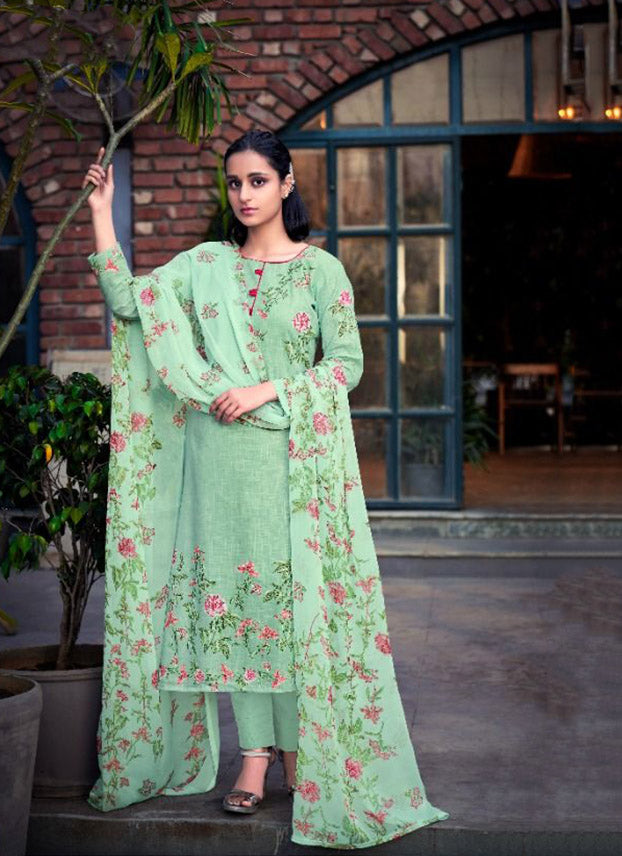 Cotton Linen Printed Green Dress Materials with Chiffon Dupatta - Stilento
