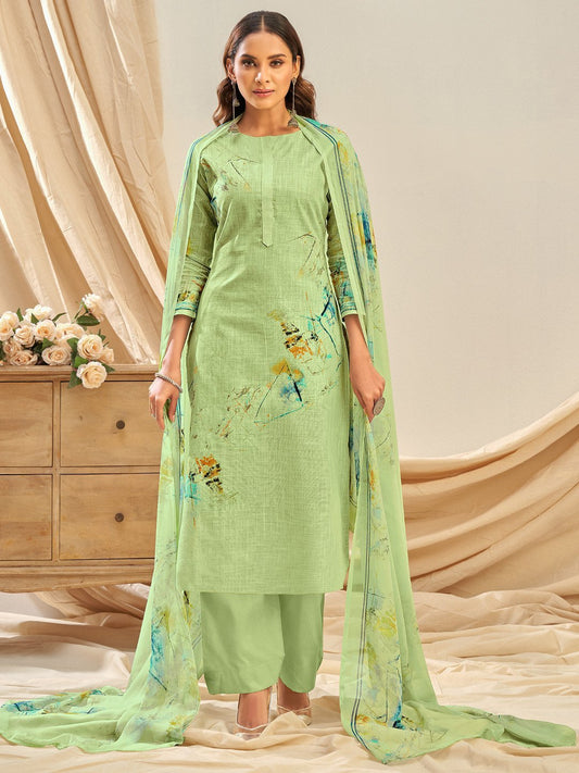 Cotton Linen Printed Green Unstitched Suit With Chiffon Dupatta