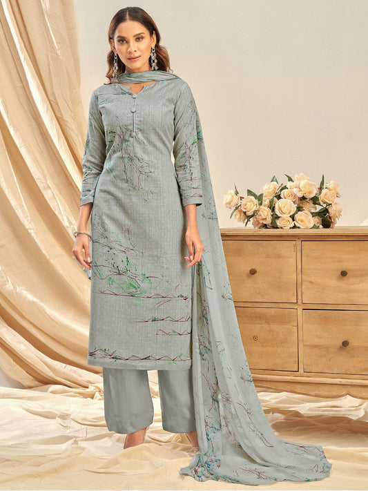 Cotton Linen Printed Grey Unstitched Suit With Chiffon Dupatta