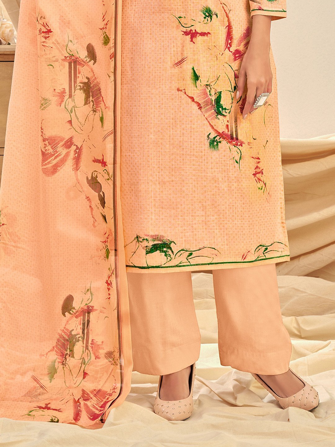 Cotton Linen Printed Light Orange Unstitched Suit With Chiffon Dupatta - Stilento