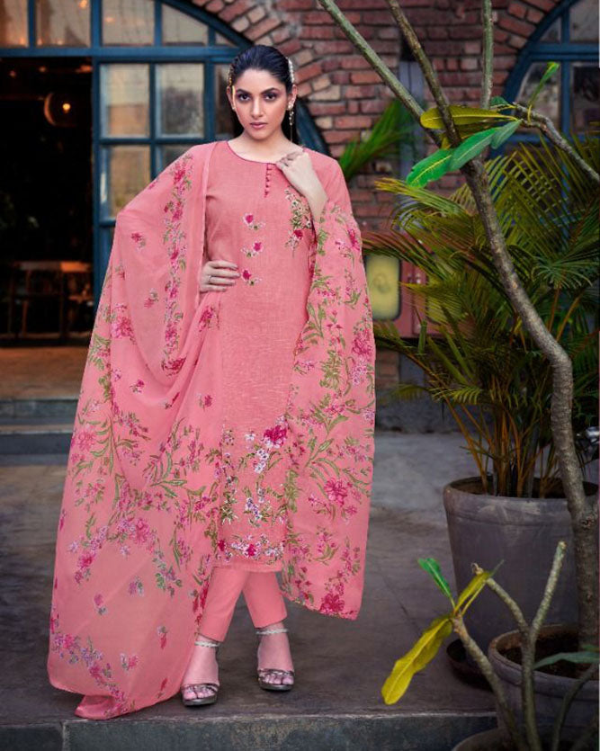 Cotton Linen Printed Pink Dress Materials with Chiffon Dupatta - Stilento