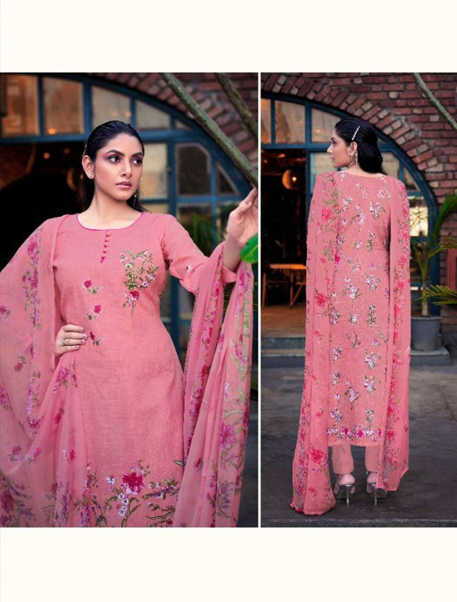 Cotton Linen Printed Pink Dress Materials with Chiffon Dupatta - Stilento