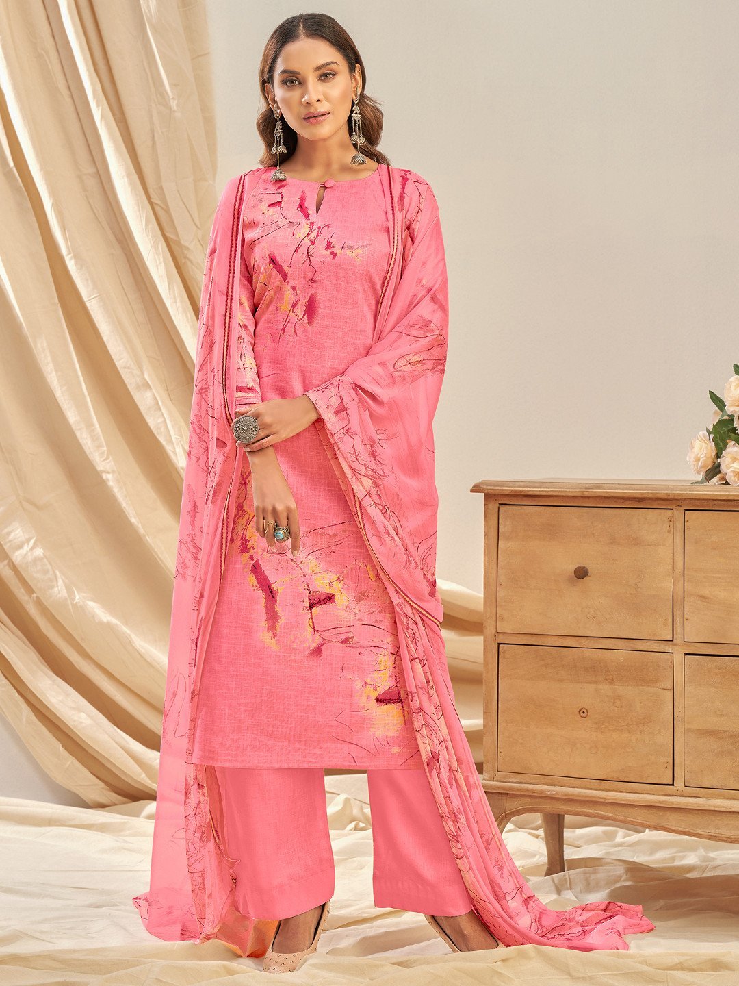 Cotton Linen Printed Pink Unstitched Suit With Chiffon Dupatta - Stilento