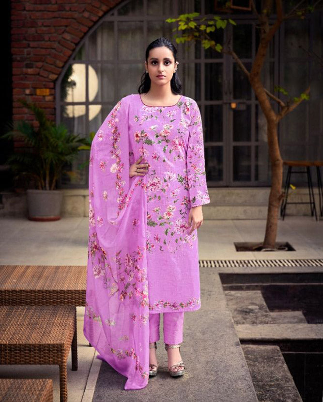 Cotton Linen Printed Purple Dress Materials with Chiffon Dupatta - Stilento