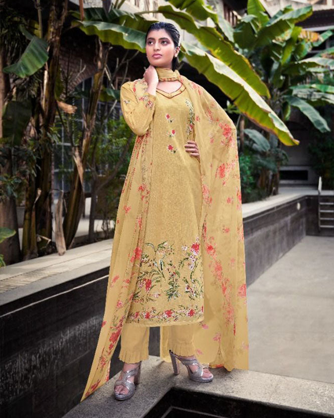Cotton Linen Printed Yellow Dress Materials with Chiffon Dupatta - Stilento