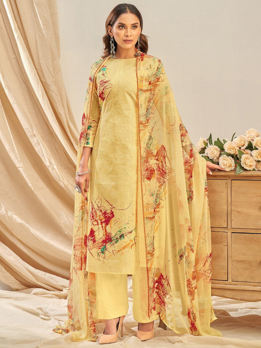 Cotton Linen Printed Yellow Unstitched Suit With Chiffon Dupatta