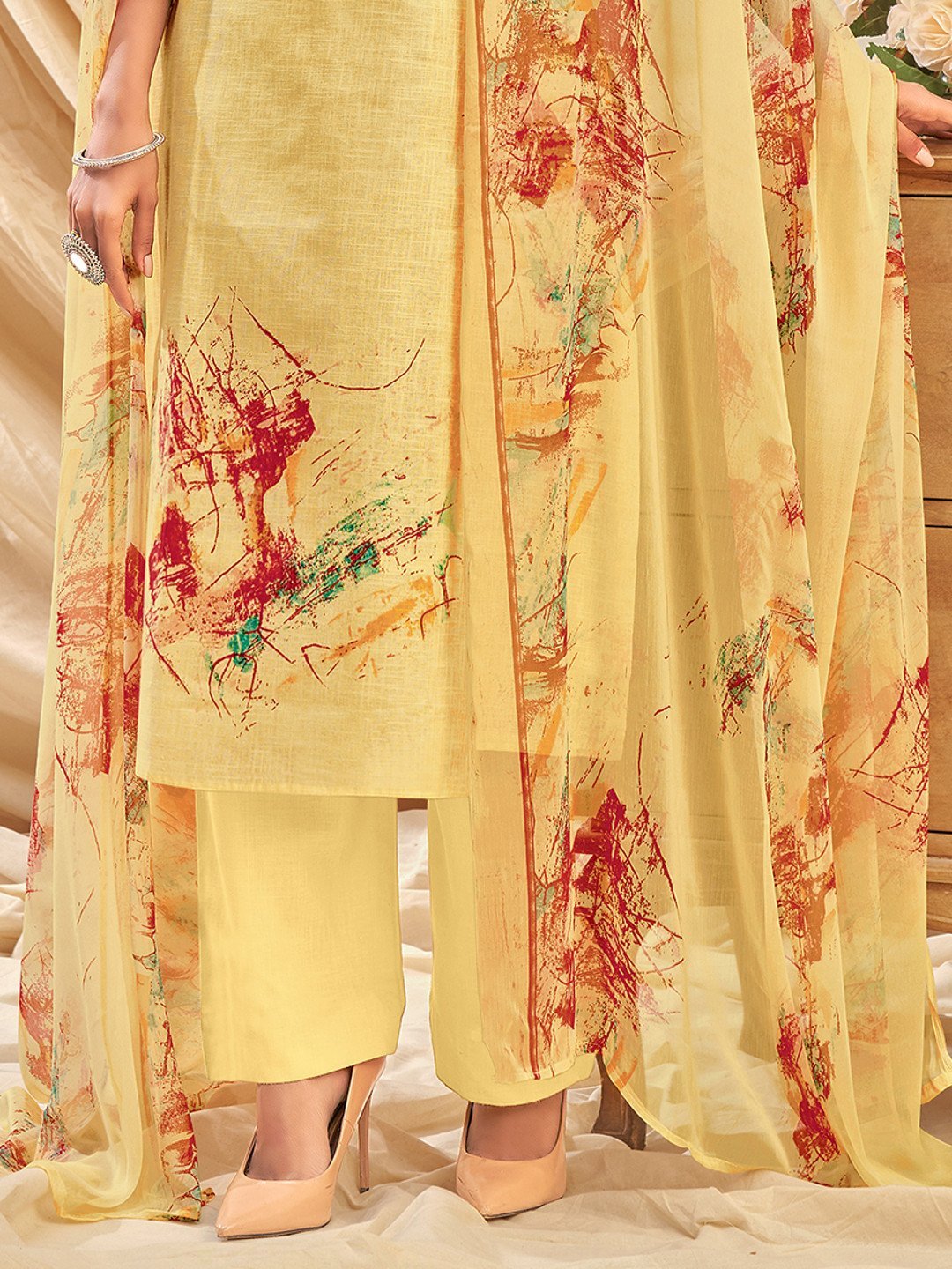 Cotton Linen Printed Yellow Unstitched Suit With Chiffon Dupatta - Stilento