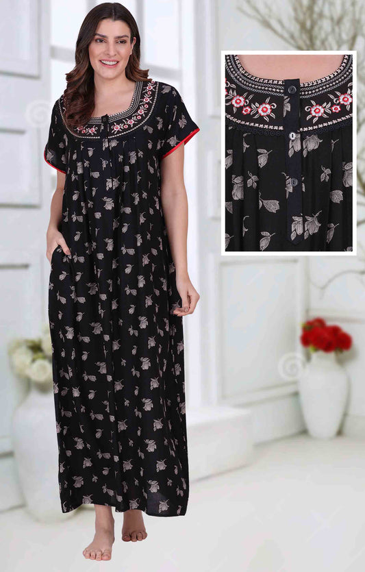 Cotton Long Black Nighty for Woman with Embroidery - Stilento