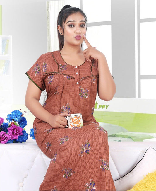 Cotton Long Brown Nighty Night wear for Women - Stilento