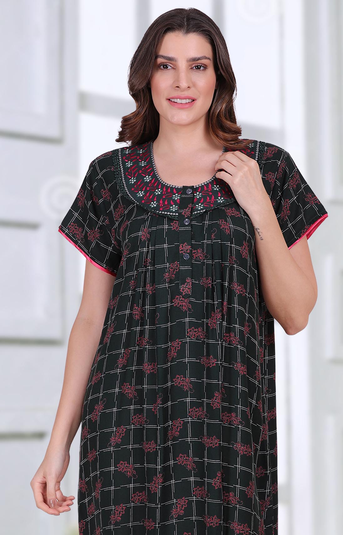 Cotton Long Green Nighties for ladies with Embroidery - Stilento