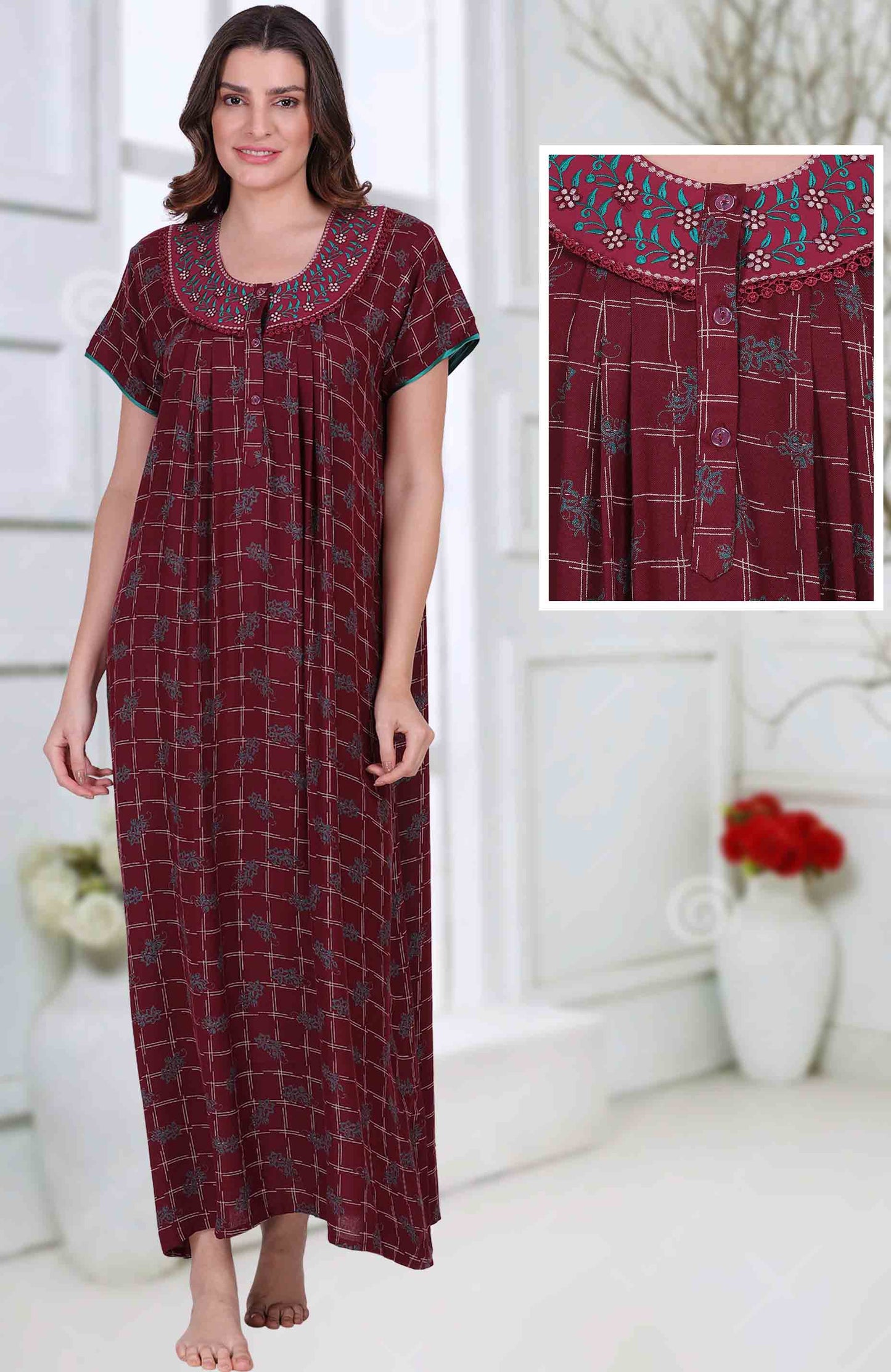 Cotton Long Maroon Nighties for ladies with Embroidery - Stilento