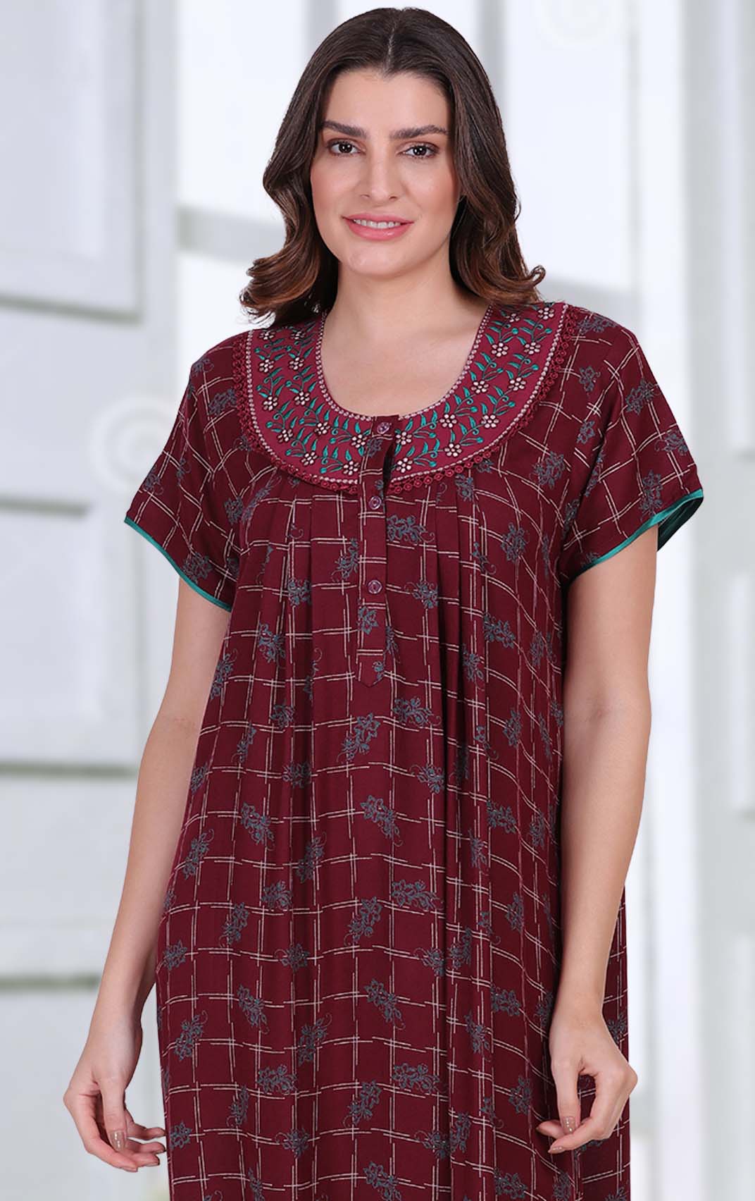 Cotton Long Maroon Nighties for ladies with Embroidery - Stilento