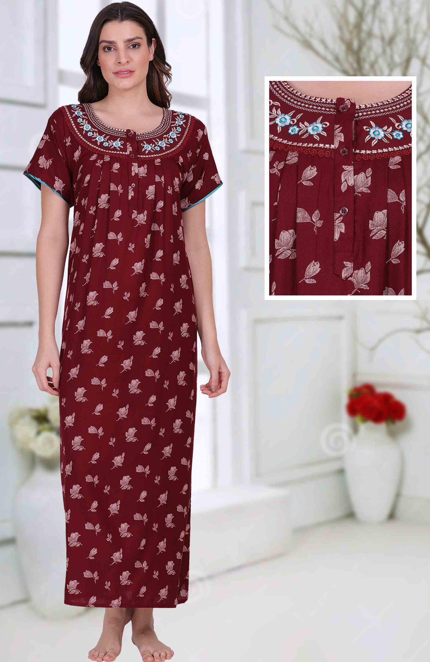 Cotton Long Maroon Nighty for Woman with Embroidery - Stilento