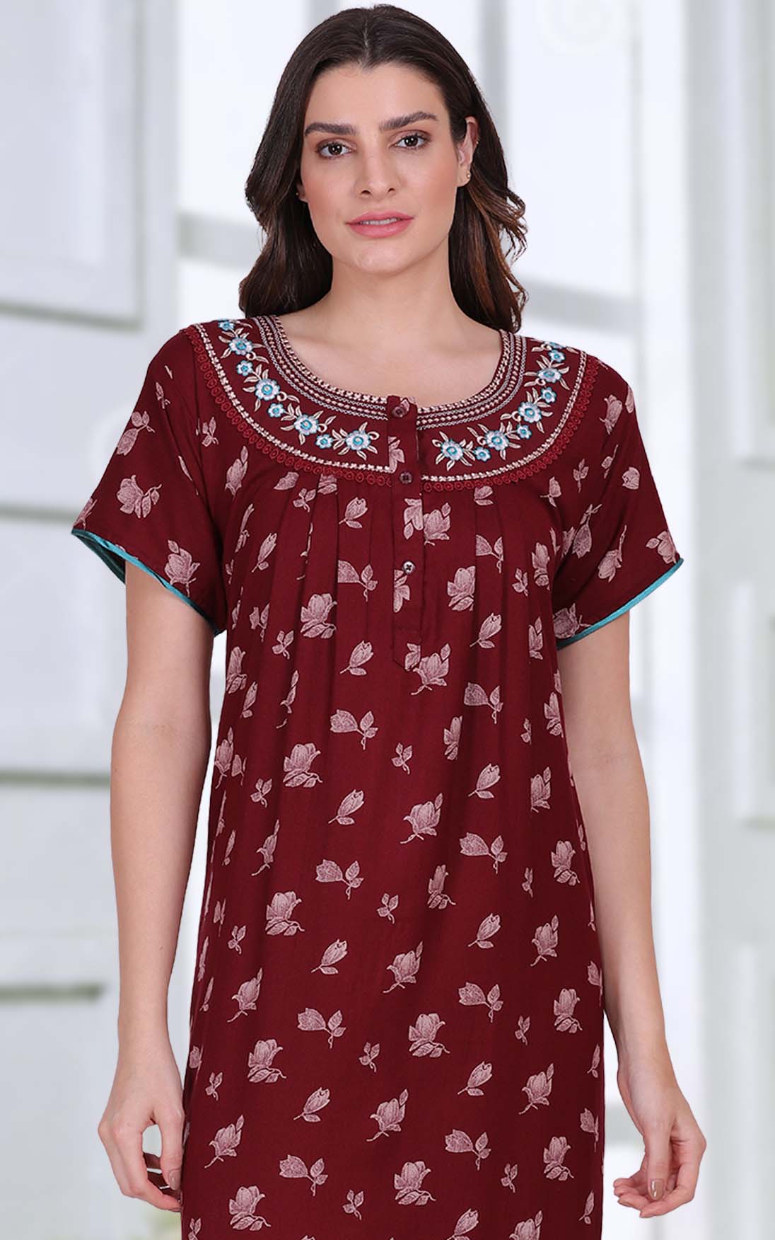 Cotton Long Maroon Nighty for Woman with Embroidery - Stilento