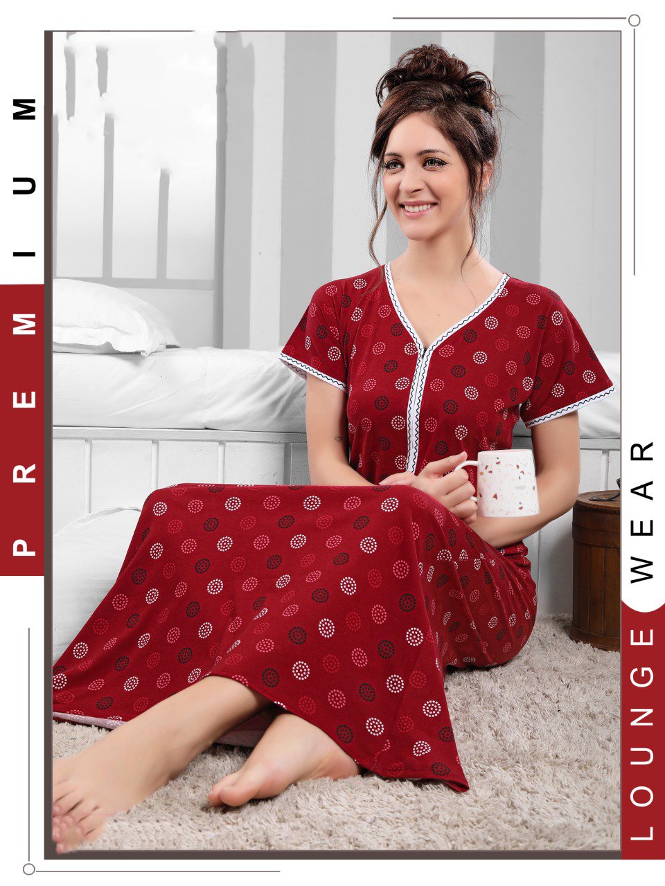 Cotton Long Maroon Nighty Night wear for Women
