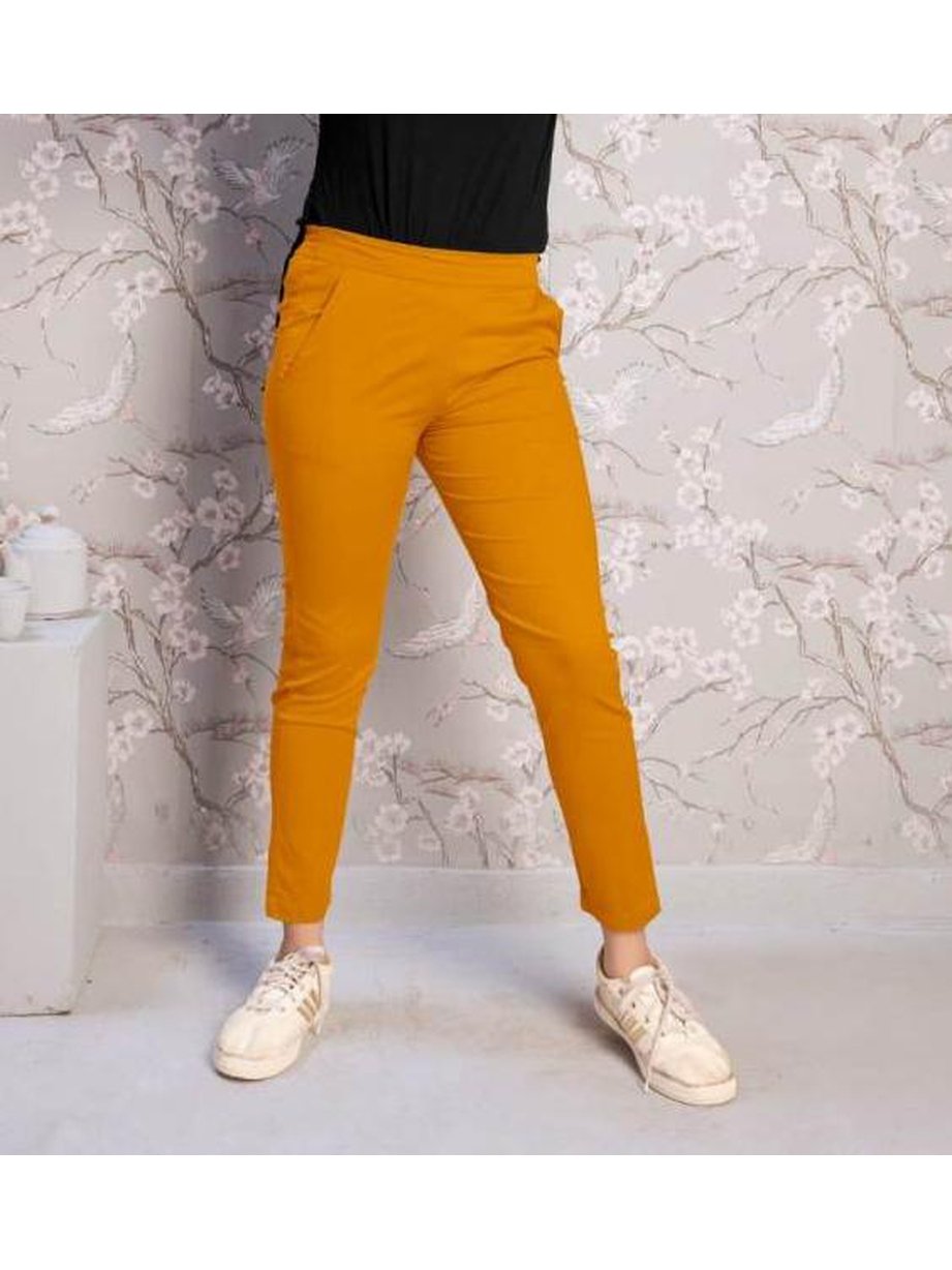 Women Mustard Solid Mid Rise Metallic Pants
