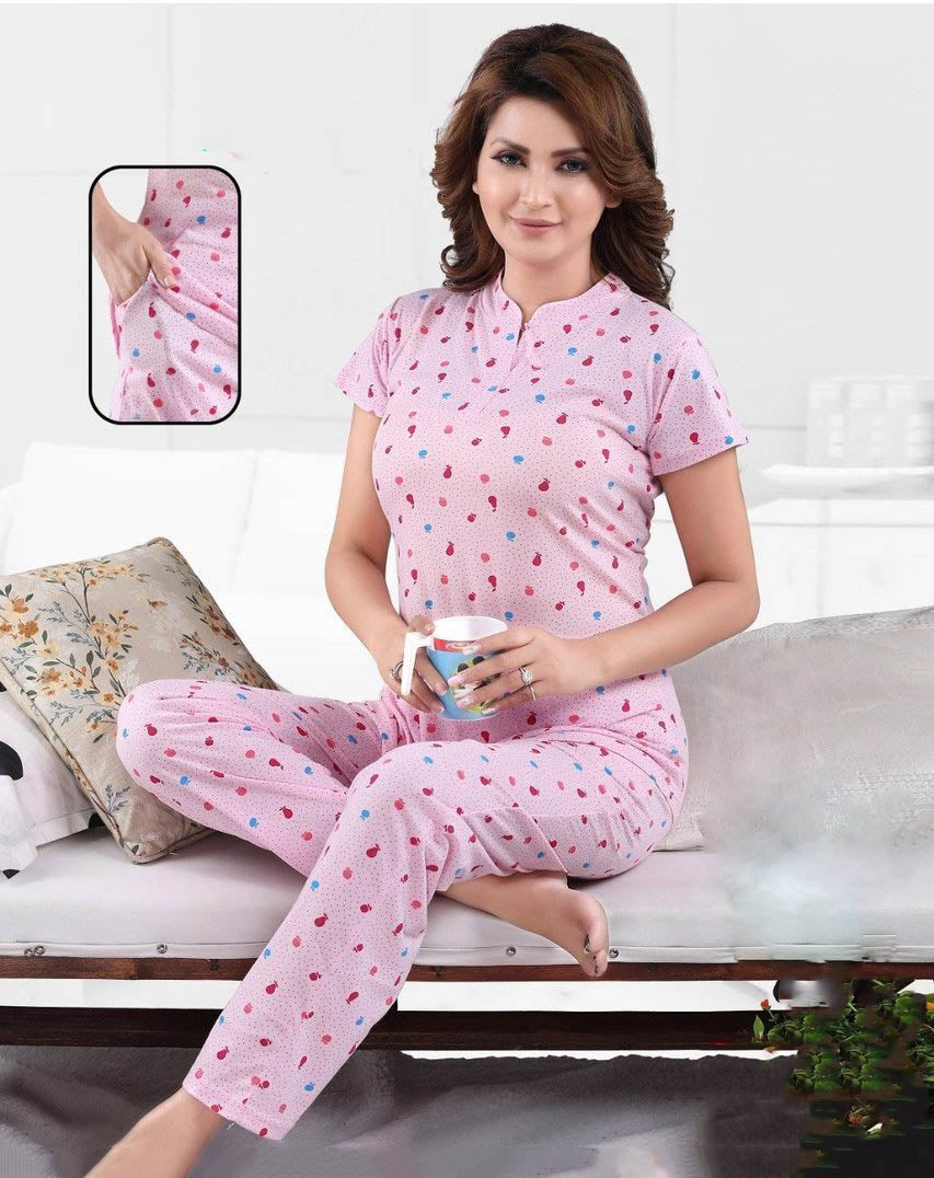 Cotton Pink Printed Night Suit Nightwear Set for Ladies - Stilento