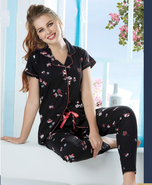 Cotton Printed Black Collar NightSuit Pajama Set for Woman - Stilento