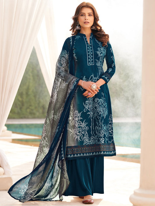Cotton Printed Blue Un-Stitched Suit with Dupatta