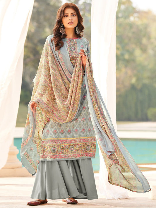 Cotton Printed Grey Un-Stitched Suit with chiffon Dupatta