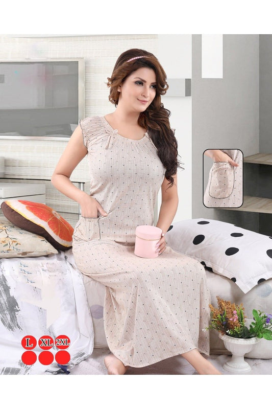 Cotton Printed Long Nighty for Women Light Brown - Stilento