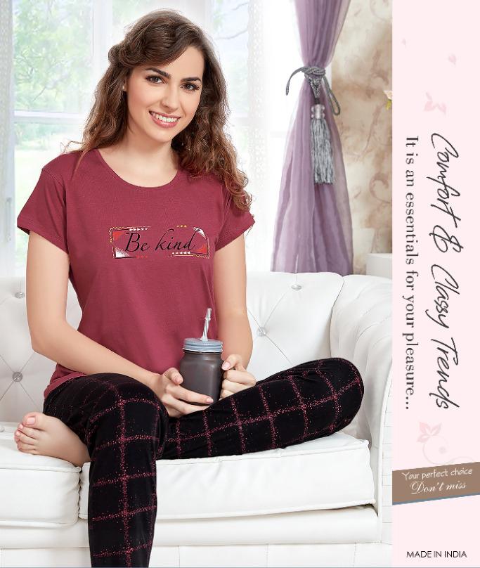 Cotton Printed Maroon T-shirt NightSuit Pajama Set for Woman - Stilento