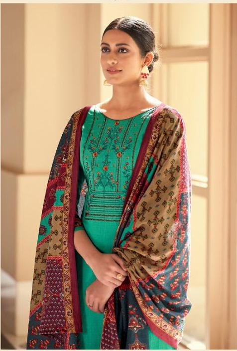 BKRKJ Women's Woollen Pashmina Spun Fabric Unstitched Embroidered neck  design Dress Material Printed Salwar Suit with