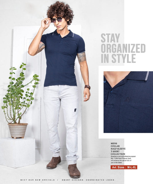 Cotton T-Shirt Dark Blue Polo for Men with Pocket - Stilento