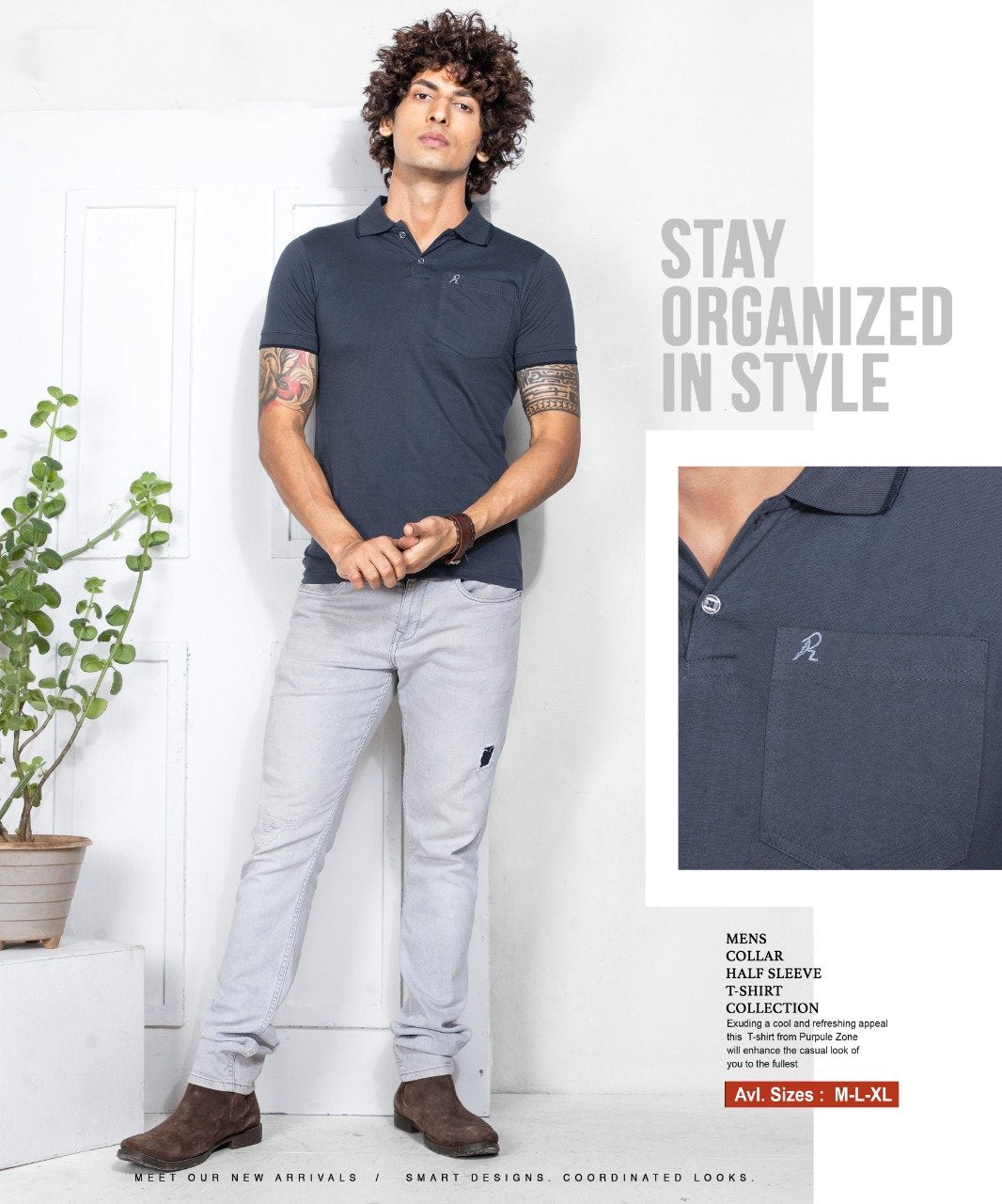 Cotton T-Shirt Grey Polo for Men With Collar - Stilento