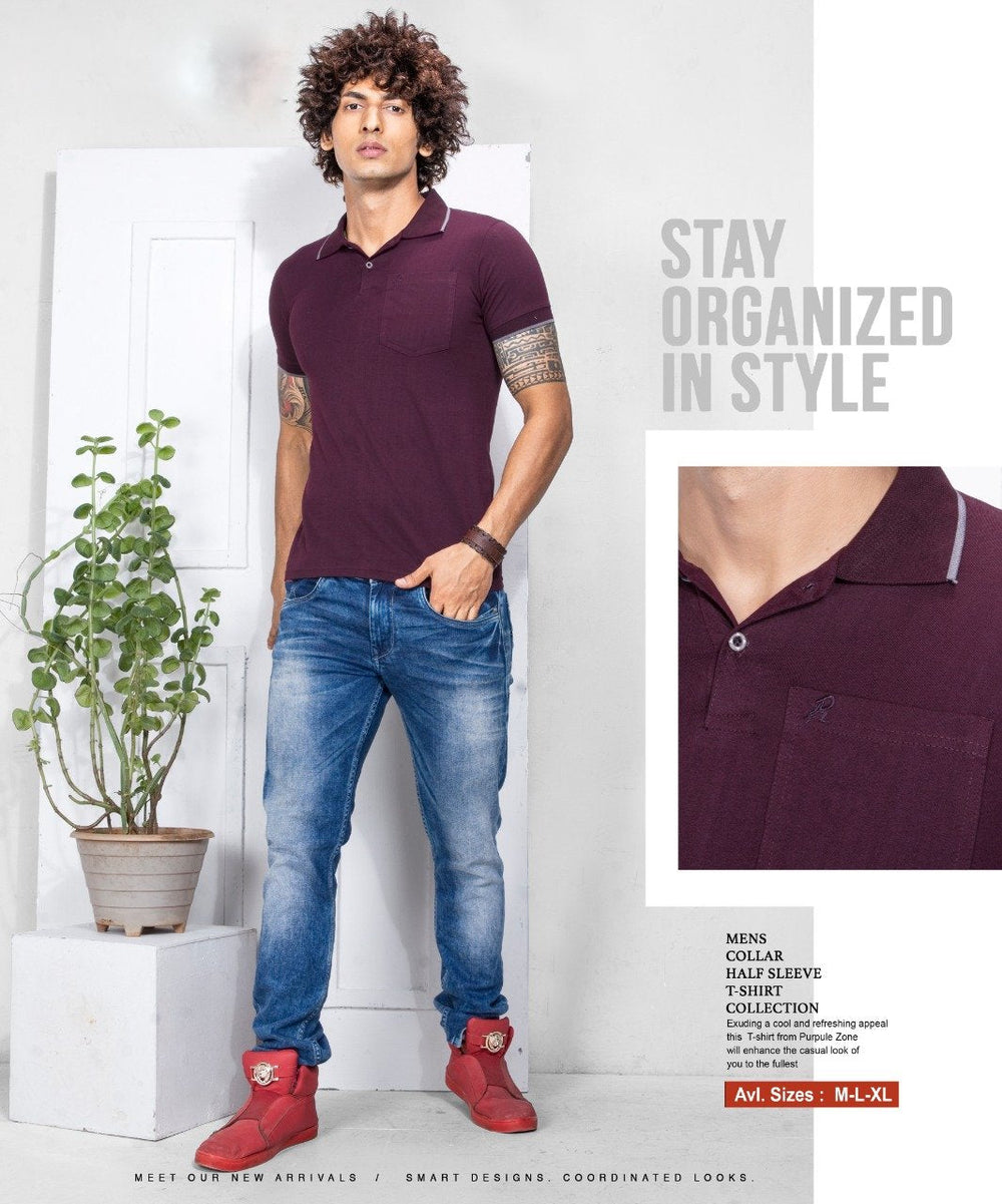 Cotton T-Shirt Purple Polo for Men with Pocket