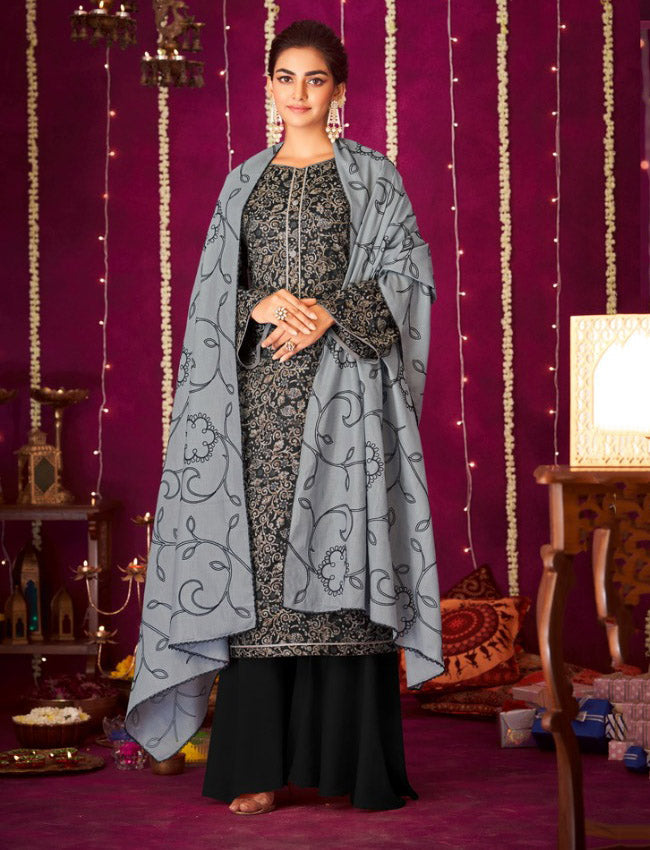 Cotton Unstitched Black Salwar Suit Material with Embroidered Dupatta - Stilento