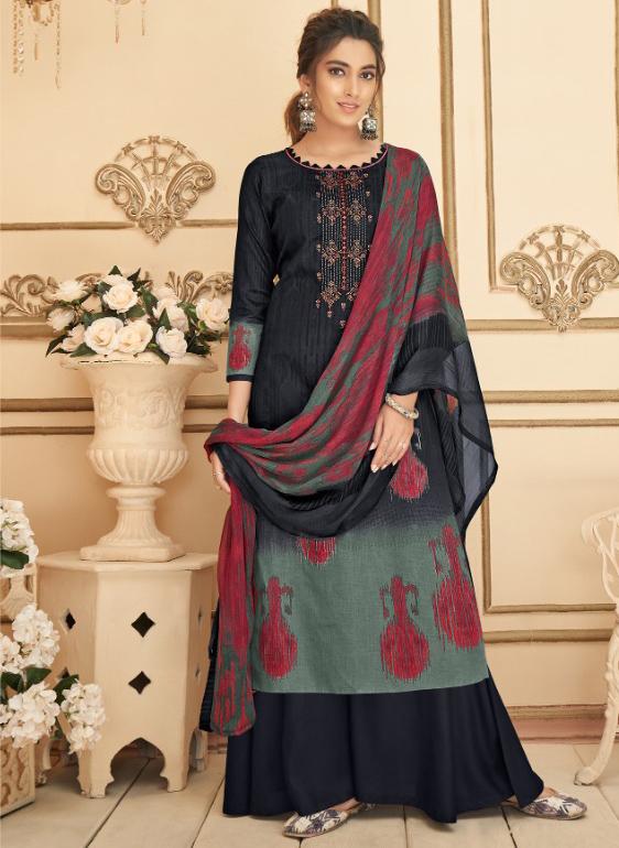 Cotton Unstitched Black Salwar Suits Material with Chiffon Dupatta for Woman - Stilento