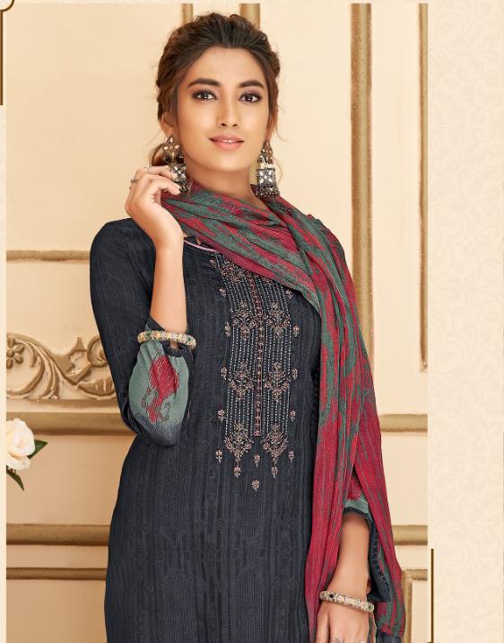 Cotton Unstitched Black Salwar Suits Material with Chiffon Dupatta for Woman - Stilento