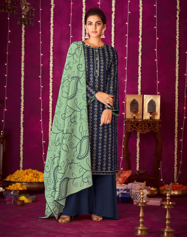 Cotton Unstitched Blue Salwar Suit Material with Embroidered Dupatta - Stilento
