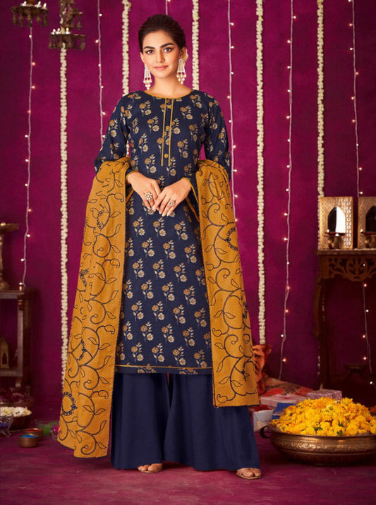 Cotton Unstitched Blue Salwar Suit Material with Embroidered Dupatta - Stilento