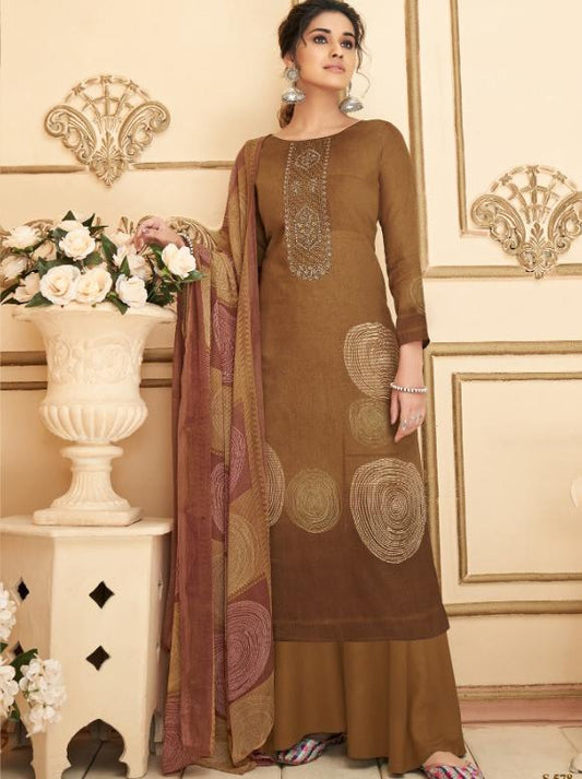 Cotton Unstitched Brown Salwar Suits Material with Chiffon Dupatta for Woman