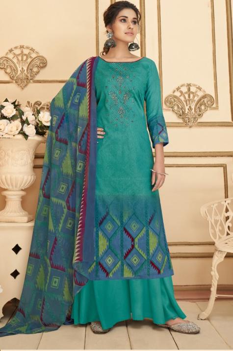 Cotton Unstitched Green Salwar Suits Material with Chiffon Dupatta for Woman