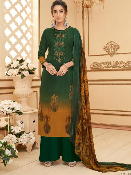 Cotton Unstitched Green Salwar Suits Material with Chiffon Dupatta for Woman