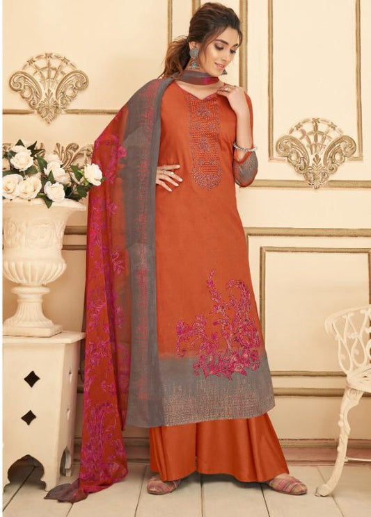 Cotton Unstitched Orange Salwar Suits Material with Chiffon Dupatta for Woman