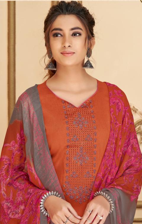 Cotton Unstitched Orange Salwar Suits Material with Chiffon Dupatta for Woman - Stilento